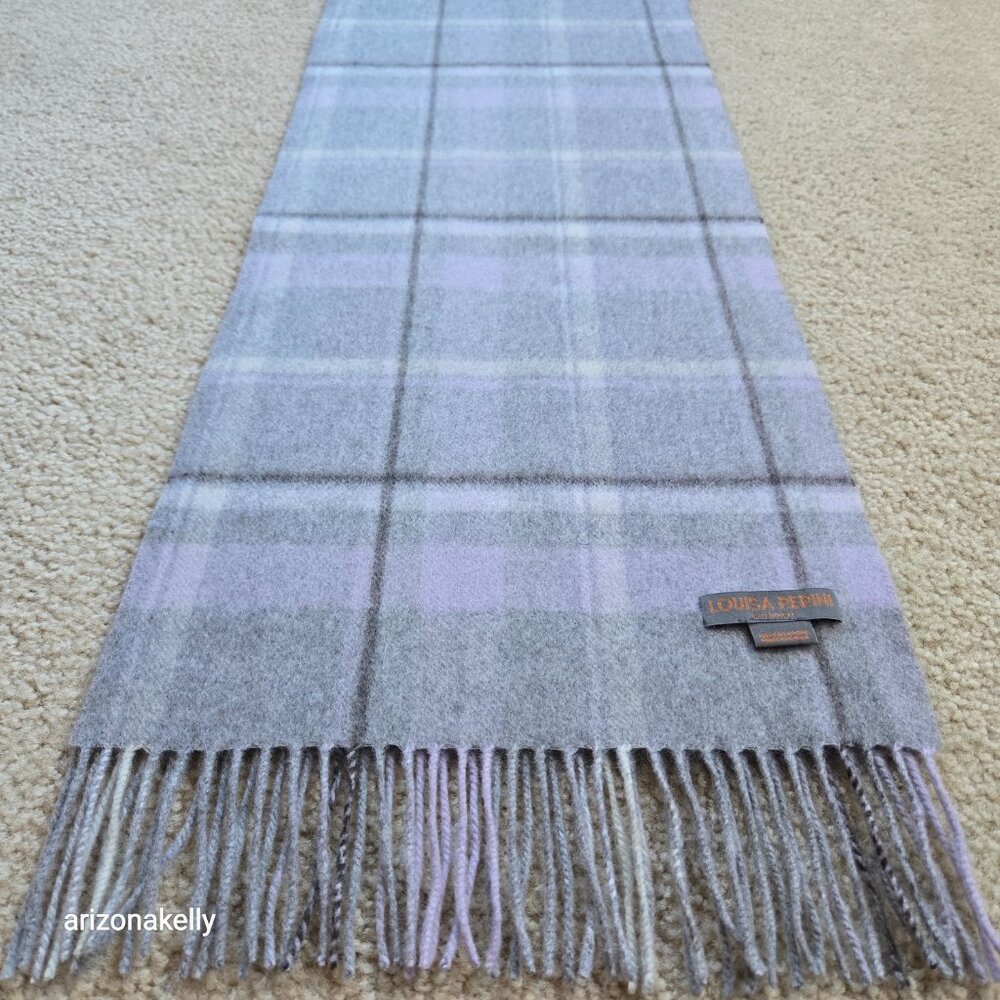 100% Cashmere Fringe Scarf Lavender and Grey Plaid Louisa Perini - Picture 5 of 10